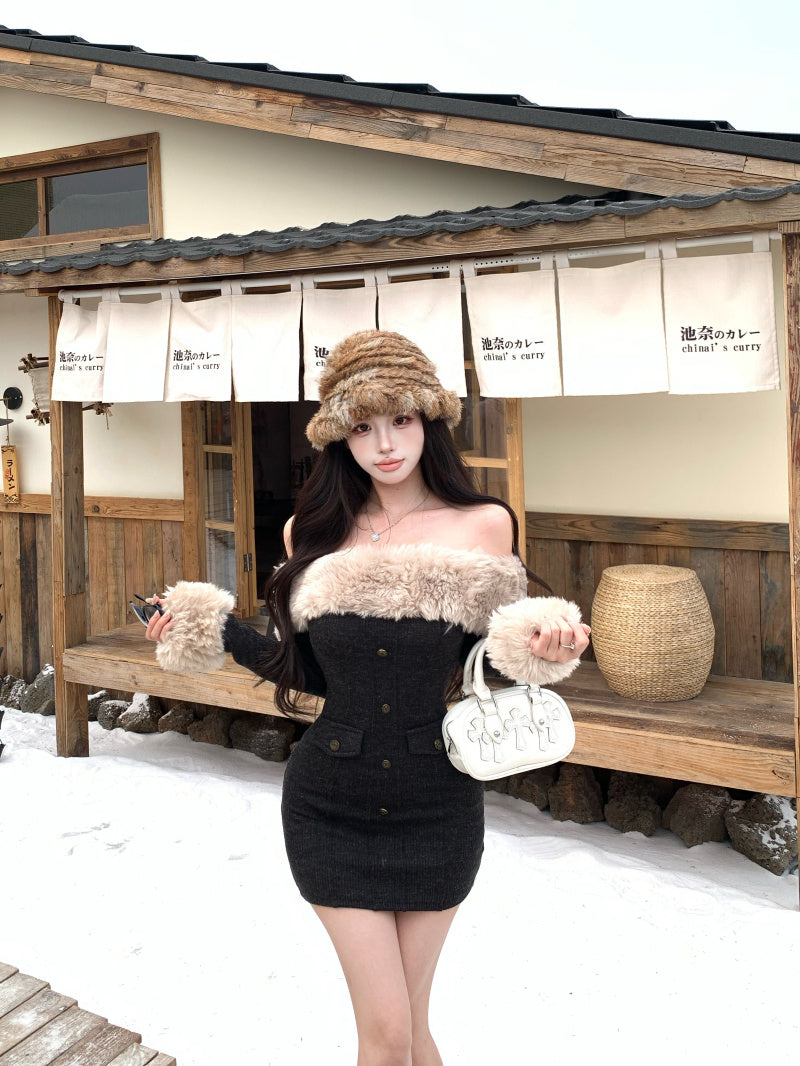 Charming Fur Trim Off-Shoulder Mini Skirt Novelty Bodycon Long Sleeve Short Dress AP3634