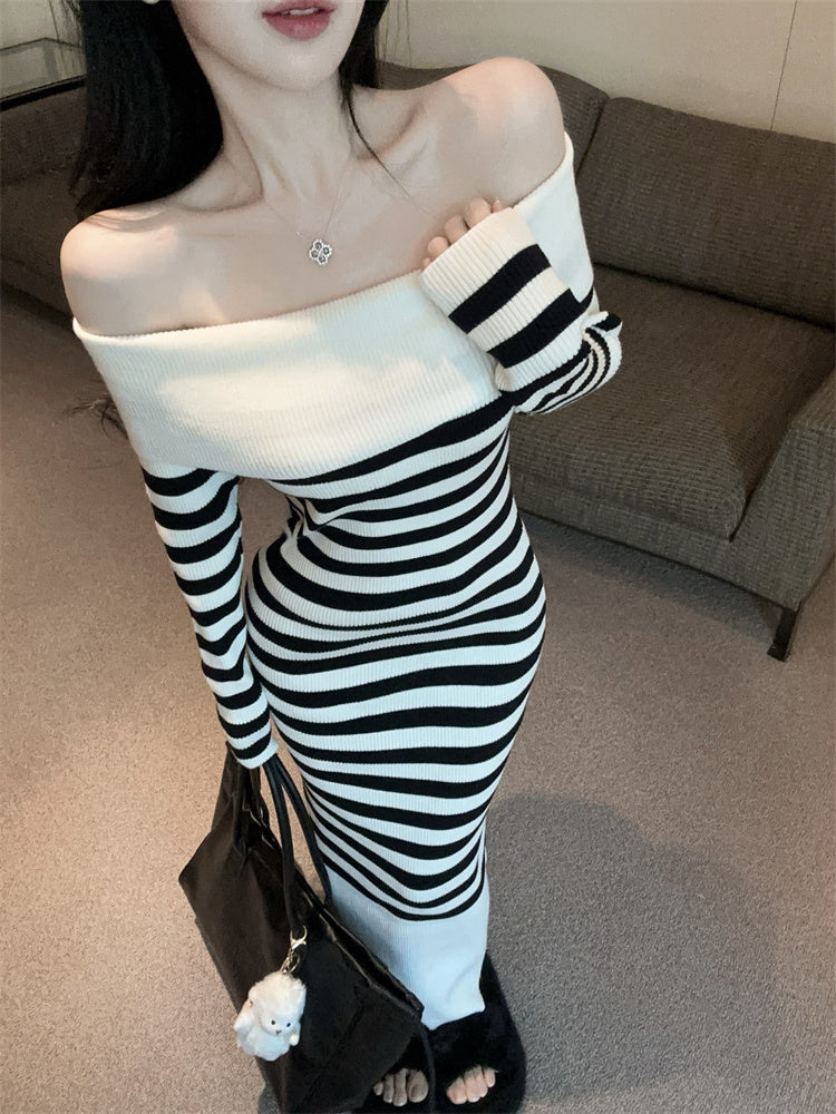 Simple Sheath Long Sleeve Maxi Dress Classical Off-Shoulder Black & White Stripe Long Dress AP3635