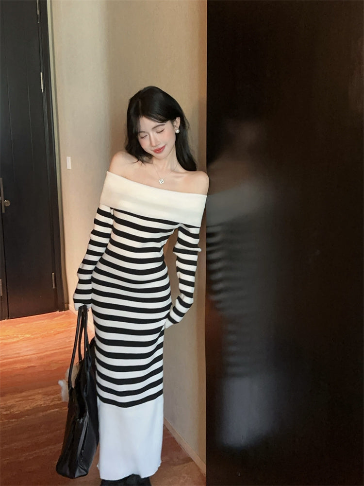 Simple Sheath Long Sleeve Maxi Dress Classical Off-Shoulder Black & White Stripe Long Dress AP3635