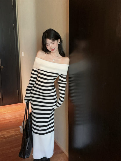 Simple Sheath Long Sleeve Maxi Dress Classical Off-Shoulder Black & White Stripe Long Dress AP3635