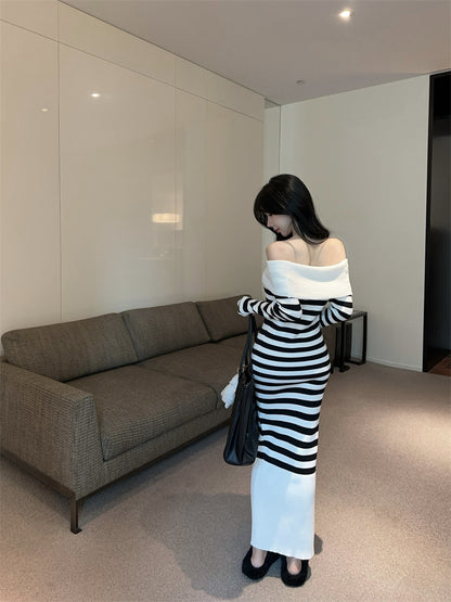 Simple Sheath Long Sleeve Maxi Dress Classical Off-Shoulder Black & White Stripe Long Dress AP3635