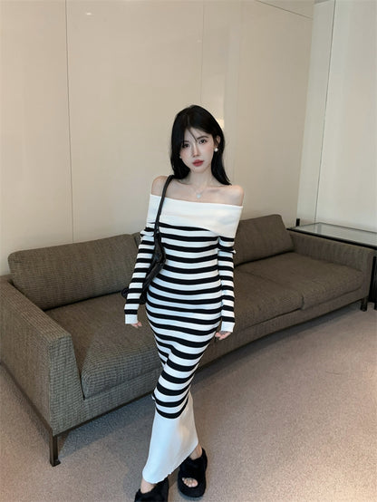Simple Sheath Long Sleeve Maxi Dress Classical Off-Shoulder Black & White Stripe Long Dress AP3635