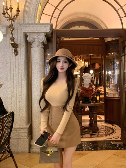 Minimalist Jewel Neck Sheath Long Sleeve Mini Dress Vogue Knit Sweater High-Waisted Skirt 2-Piece Set Short Dress AP3636