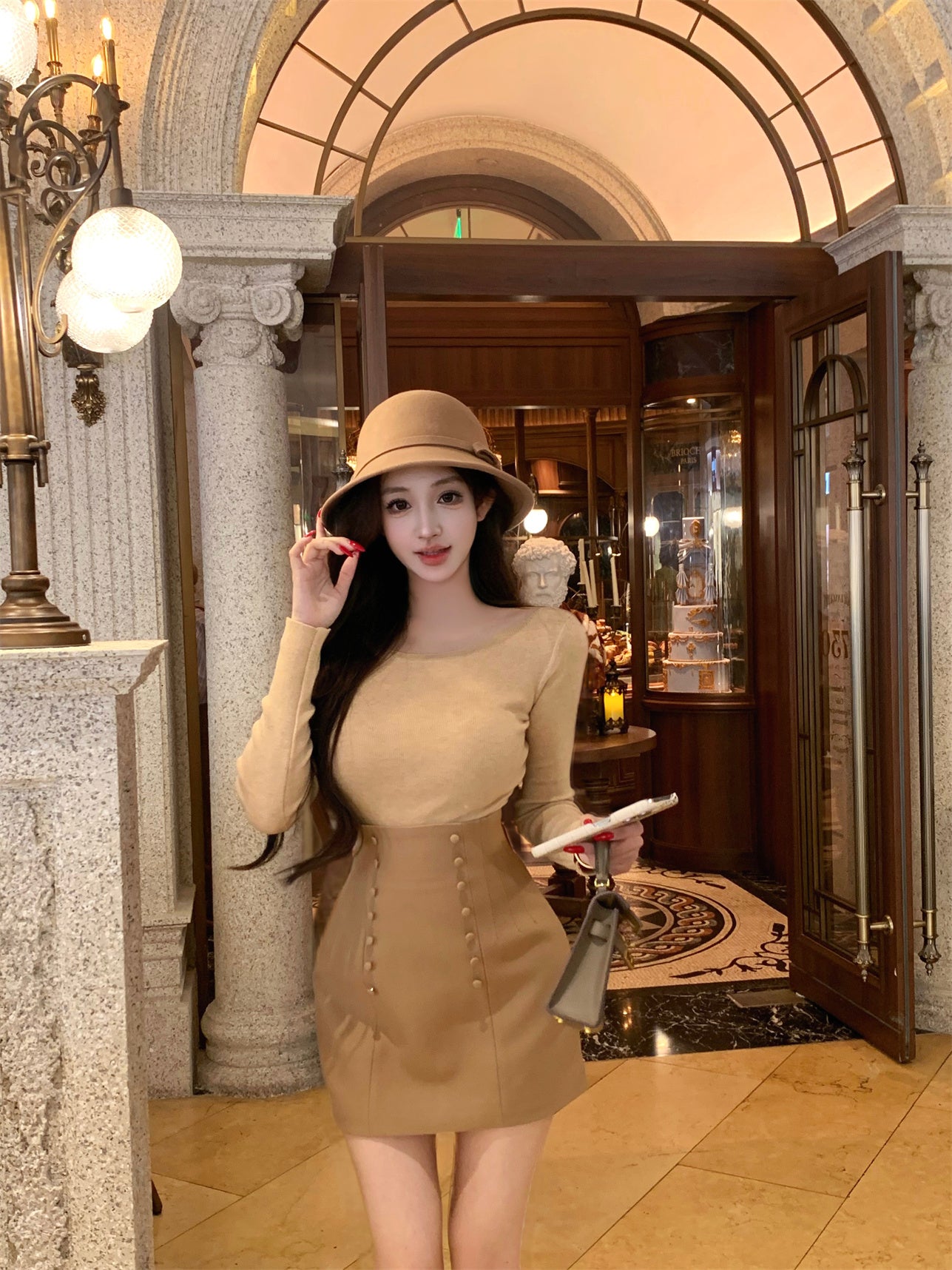 Minimalist Jewel Neck Sheath Long Sleeve Mini Dress Vogue Knit Sweater High-Waisted Skirt 2-Piece Set Short Dress AP3636