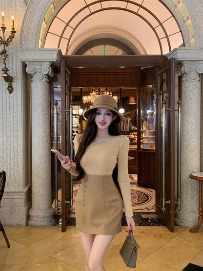 Minimalist Jewel Neck Sheath Long Sleeve Mini Dress Vogue Knit Sweater High-Waisted Skirt 2-Piece Set Short Dress AP3636