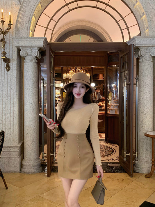 Minimalist Jewel Neck Sheath Long Sleeve Mini Dress Vogue Knit Sweater High-Waisted Skirt 2-Piece Set Short Dress AP3636