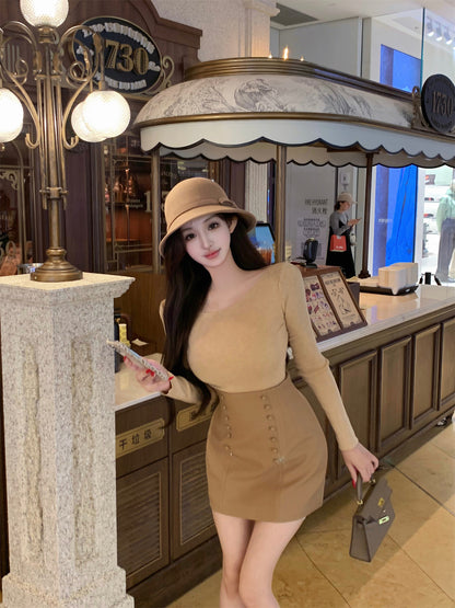 Minimalist Jewel Neck Sheath Long Sleeve Mini Dress Vogue Knit Sweater High-Waisted Skirt 2-Piece Set Short Dress AP3636