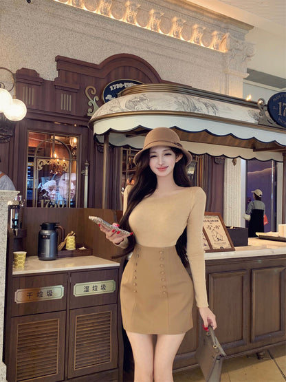 Minimalist Jewel Neck Sheath Long Sleeve Mini Dress Vogue Knit Sweater High-Waisted Skirt 2-Piece Set Short Dress AP3636