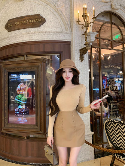 Minimalist Jewel Neck Sheath Long Sleeve Mini Dress Vogue Knit Sweater High-Waisted Skirt 2-Piece Set Short Dress AP3636