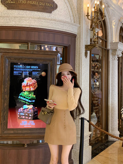 Minimalist Jewel Neck Sheath Long Sleeve Mini Dress Vogue Knit Sweater High-Waisted Skirt 2-Piece Set Short Dress AP3636