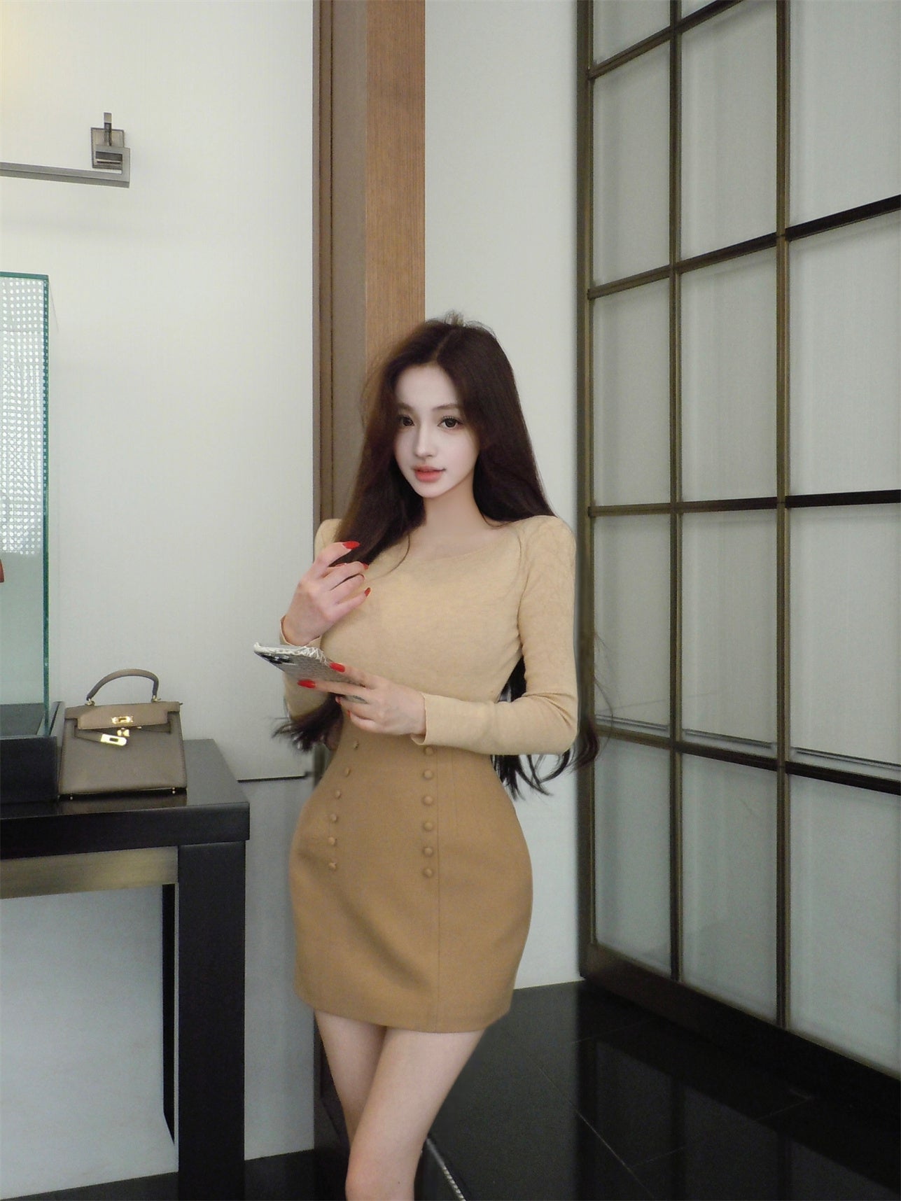 Minimalist Jewel Neck Sheath Long Sleeve Mini Dress Vogue Knit Sweater High-Waisted Skirt 2-Piece Set Short Dress AP3636