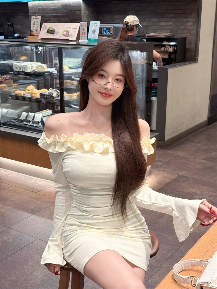 Adorable Long Bell Sleeve Ruffles Trim Mini Skirt Vogue Bodycon Off-Shoulder Short Dress AP3638