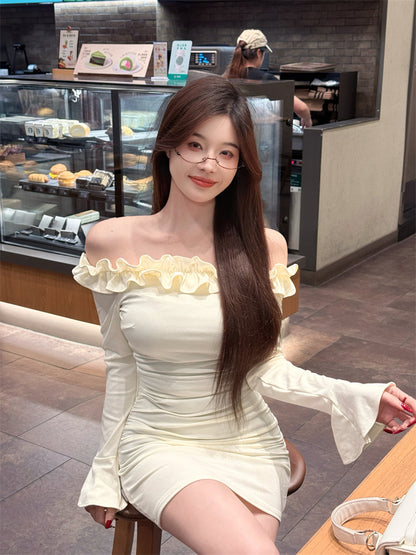 Adorable Long Bell Sleeve Ruffles Trim Mini Skirt Vogue Bodycon Off-Shoulder Short Dress AP3638