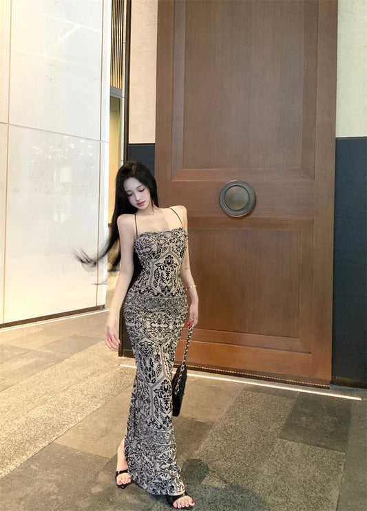 Playful Sheath Floral Print Slit Evening Maxi Dress Boho-Style Spaghetti Strap Cutout Long Dress AP3640