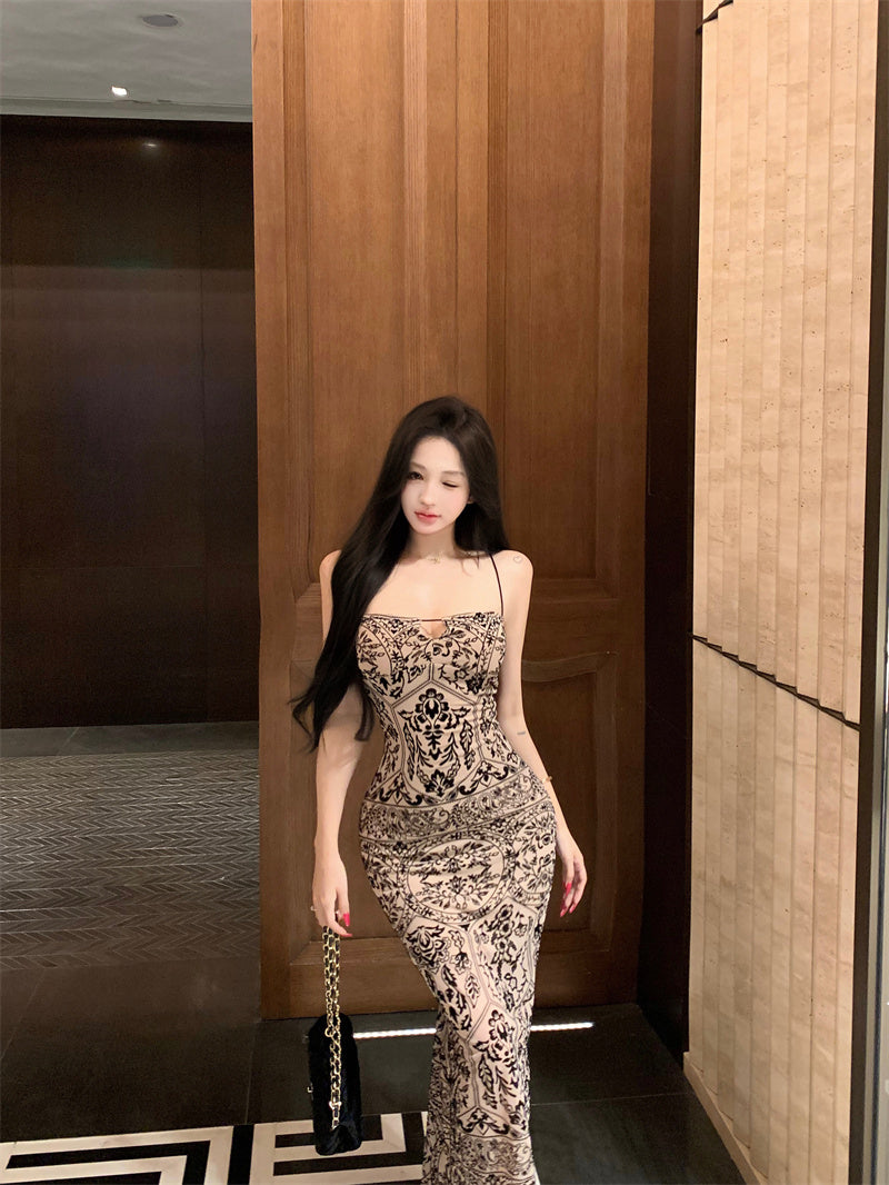 Playful Sheath Floral Print Slit Evening Maxi Dress Boho-Style Spaghetti Strap Cutout Long Dress AP3640