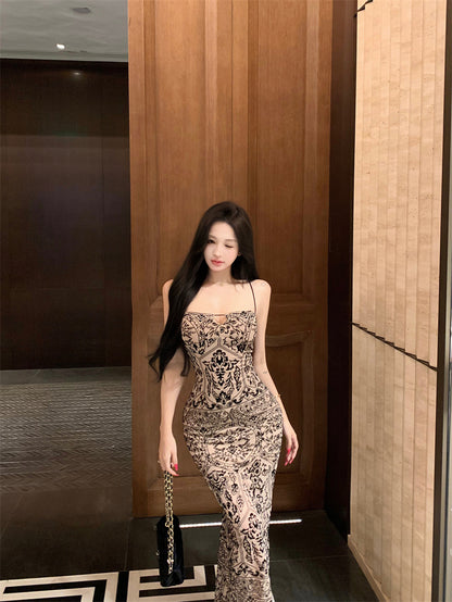 Playful Sheath Floral Print Slit Evening Maxi Dress Boho-Style Spaghetti Strap Cutout Long Dress AP3640