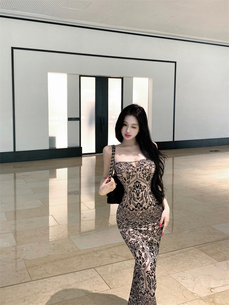 Playful Sheath Floral Print Slit Evening Maxi Dress Boho-Style Spaghetti Strap Cutout Long Dress AP3640