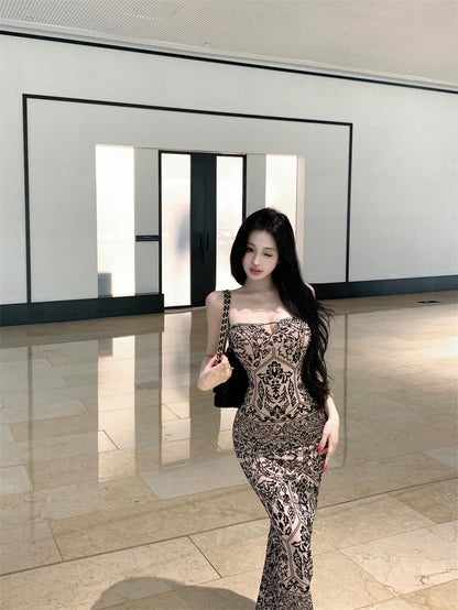 Playful Sheath Floral Print Slit Evening Maxi Dress Boho-Style Spaghetti Strap Cutout Long Dress AP3640