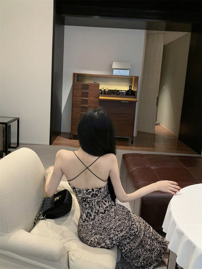 Playful Sheath Floral Print Slit Evening Maxi Dress Boho-Style Spaghetti Strap Cutout Long Dress AP3640