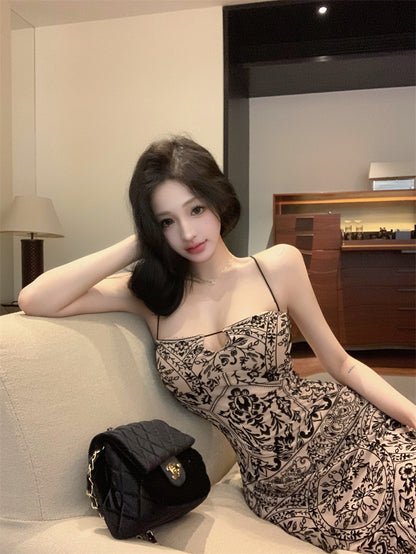 Playful Sheath Floral Print Slit Evening Maxi Dress Boho-Style Spaghetti Strap Cutout Long Dress AP3640