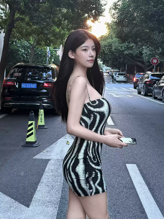 Stylish Bodycon Stripe Backless Mini Skirt Elegant Spaghetti Strap Parties Outfit Short Dress AP3641