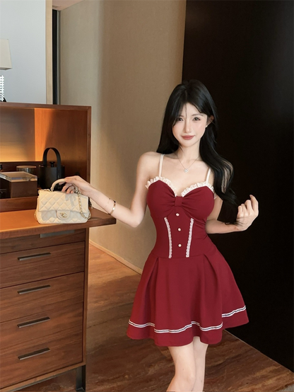 Fitted A-Line Button Accent Red Mini Skirt Cute Spaghetti Strap Ruffles Lace Trim Short Dress AP3642