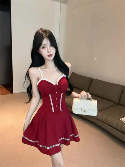 Fitted A-Line Button Accent Red Mini Skirt Cute Spaghetti Strap Ruffles Lace Trim Short Dress AP3642
