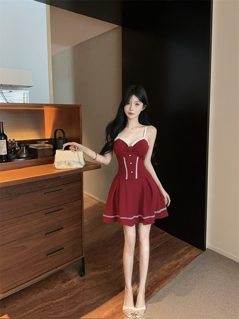 Fitted A-Line Button Accent Red Mini Skirt Cute Spaghetti Strap Ruffles Lace Trim Short Dress AP3642