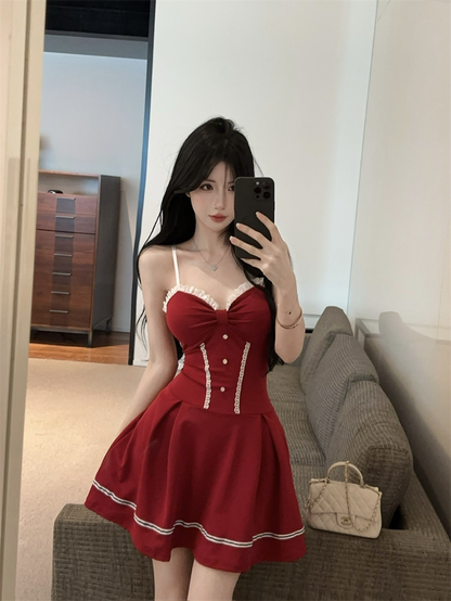 Fitted A-Line Button Accent Red Mini Skirt Cute Spaghetti Strap Ruffles Lace Trim Short Dress AP3642