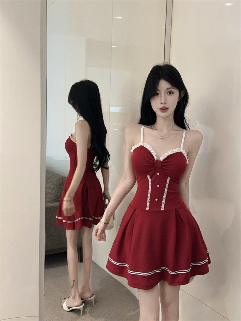 Fitted A-Line Button Accent Red Mini Skirt Cute Spaghetti Strap Ruffles Lace Trim Short Dress AP3642