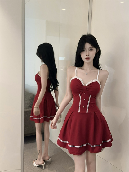 Fitted A-Line Button Accent Red Mini Skirt Cute Spaghetti Strap Ruffles Lace Trim Short Dress AP3642
