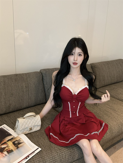 Fitted A-Line Button Accent Red Mini Skirt Cute Spaghetti Strap Ruffles Lace Trim Short Dress AP3642