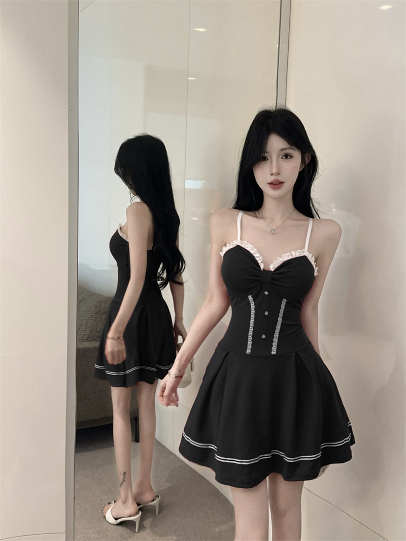 Flattering Ruffles Lace Trim A-Line Mini Skirt Stylish Button Accent Spaghetti Strap Short Dress AP3643