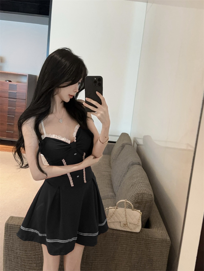 Flattering Ruffles Lace Trim A-Line Mini Skirt Stylish Button Accent Spaghetti Strap Short Dress AP3643