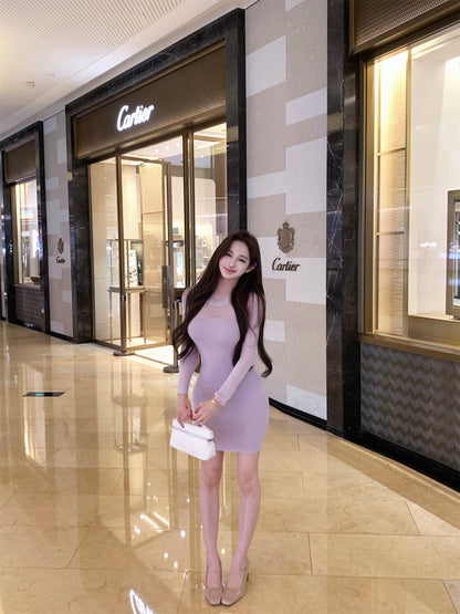 Trendy Bodycon Knitted Jewel Neck Mini Dress Sweet Long Sleeve Minimalism Short Dress AP3644