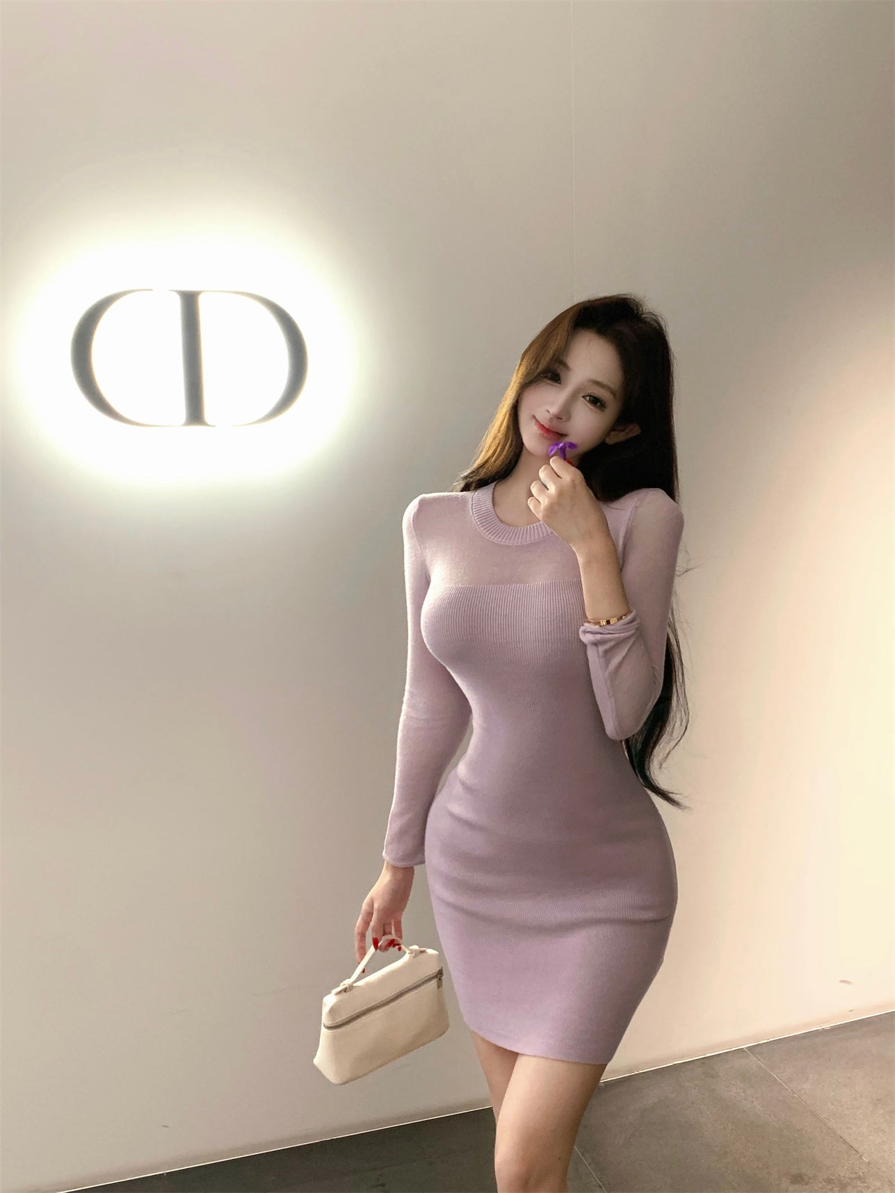 Trendy Bodycon Knitted Jewel Neck Mini Dress Sweet Long Sleeve Minimalism Short Dress AP3644