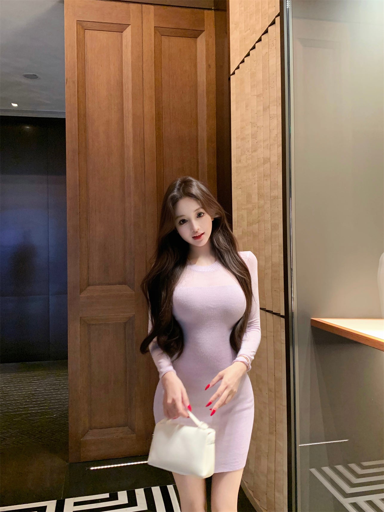 Trendy Bodycon Knitted Jewel Neck Mini Dress Sweet Long Sleeve Minimalism Short Dress AP3644