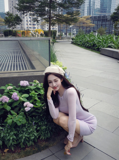 Trendy Bodycon Knitted Jewel Neck Mini Dress Sweet Long Sleeve Minimalism Short Dress AP3644