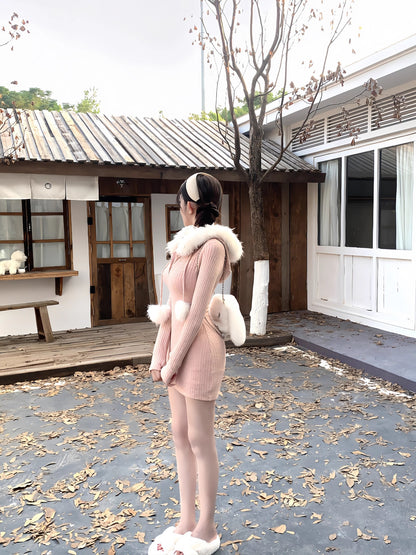Attractive Bodycon Fur Trim Hooded Knitted Mini Dress Sexy Long Sleeve Figure-Hugging Pink Short Dress AP3645