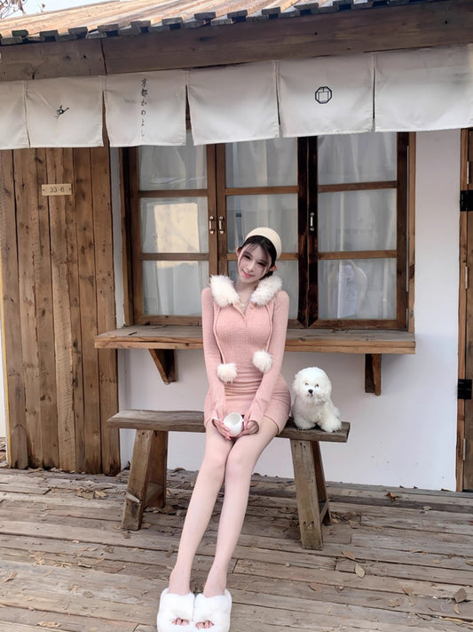 Attractive Bodycon Fur Trim Hooded Knitted Mini Dress Sexy Long Sleeve Figure-Hugging Pink Short Dress AP3645