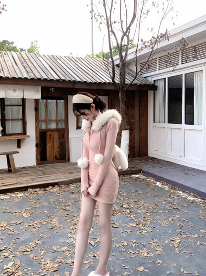 Attractive Bodycon Fur Trim Hooded Knitted Mini Dress Sexy Long Sleeve Figure-Hugging Pink Short Dress AP3645
