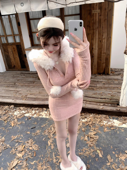 Attractive Bodycon Fur Trim Hooded Knitted Mini Dress Sexy Long Sleeve Figure-Hugging Pink Short Dress AP3645