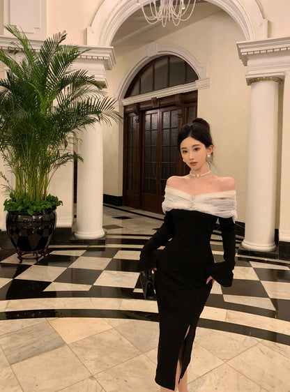 Sexy Tulle Off-Shoulder Sheath High-Slit Midi Dress Vogue Long Sleeve Rhinestones Sequins Design Long Dress AP3646