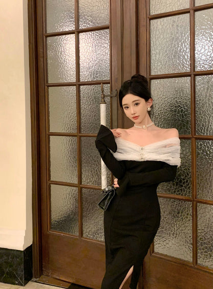 Sexy Tulle Off-Shoulder Sheath High-Slit Midi Dress Vogue Long Sleeve Rhinestones Sequins Design Long Dress AP3646