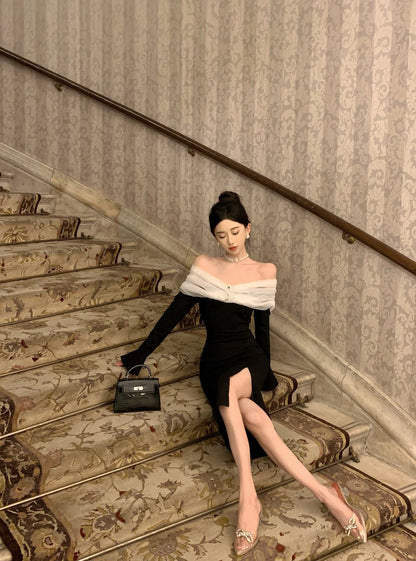 Sexy Tulle Off-Shoulder Sheath High-Slit Midi Dress Vogue Long Sleeve Rhinestones Sequins Design Long Dress AP3646