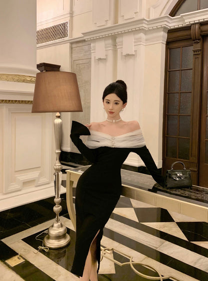 Sexy Tulle Off-Shoulder Sheath High-Slit Midi Dress Vogue Long Sleeve Rhinestones Sequins Design Long Dress AP3646