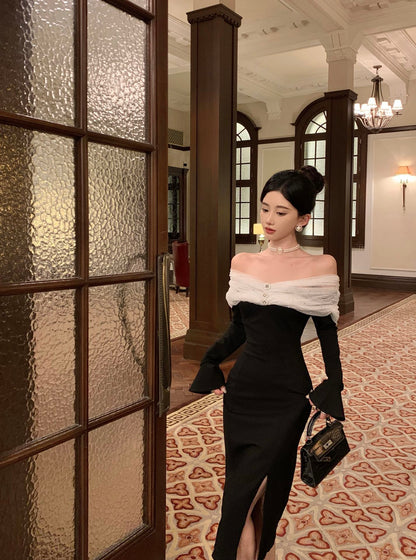 Sexy Tulle Off-Shoulder Sheath High-Slit Midi Dress Vogue Long Sleeve Rhinestones Sequins Design Long Dress AP3646