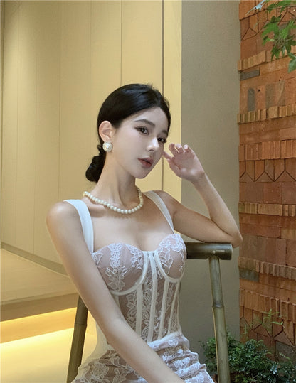 Vogue Sheath Spaghetti Straps Slit Midi Dress Elegant Lace Splicing Cinched-Waist Evening Long Dress AP3647