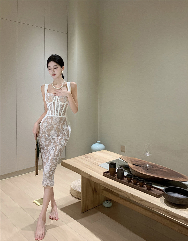 Vogue Sheath Spaghetti Straps Slit Midi Dress Elegant Lace Splicing Cinched-Waist Evening Long Dress AP3647