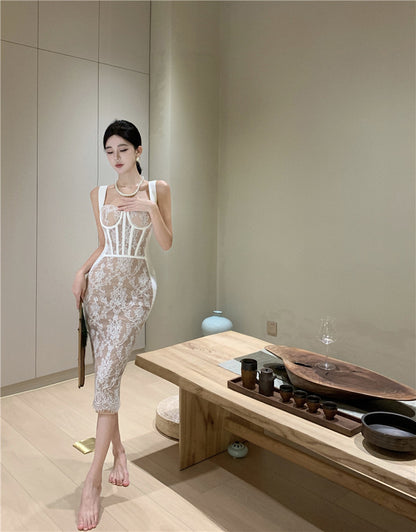 Vogue Sheath Spaghetti Straps Slit Midi Dress Elegant Lace Splicing Cinched-Waist Evening Long Dress AP3647